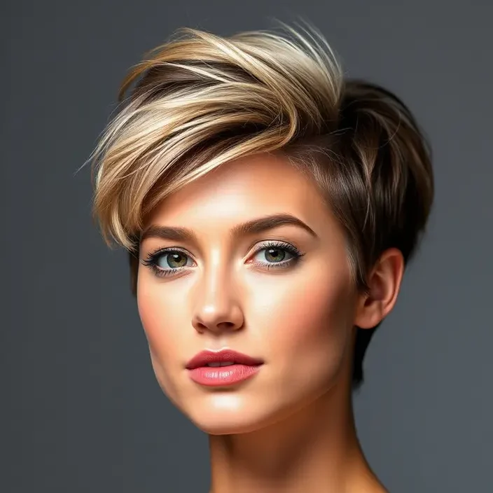Femme avec un Pixie Cut modernisé, cheveux courts sur les cÎtés et légÚrement volumineux sur le dessus, style moderne et confiant.