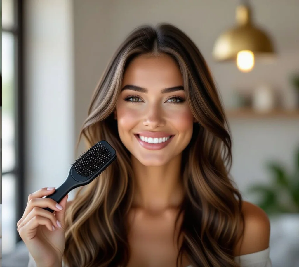 Femme avec cheveux lisses et brillants après un rebonding ou lissage permanent, souriante et confiante, démontrant les avantages d’un lissage cheveux permanent facile à coiffer