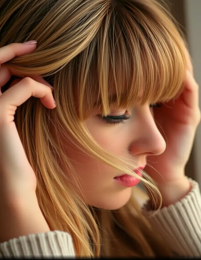 Femme prenant soin de sa frange rideau, manipulant doucement ses cheveux pour les garder légers et aériens, cheveux mi-longs