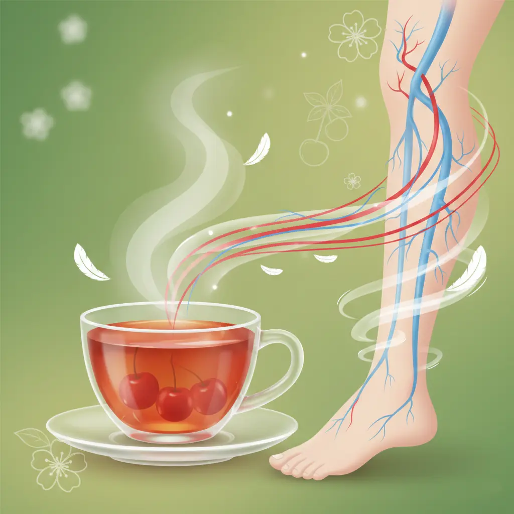 Illustration semi-réaliste montrant l’action de la queue de cerise sur la circulation sanguine et les jambes lourdes