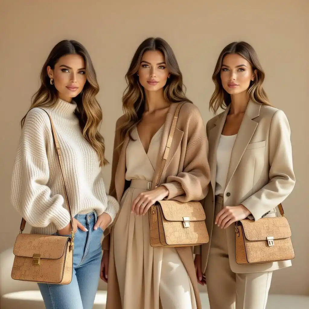 trois femmes portant des sacs en liège : casual avec jean et pull oversize, féminin avec robe fluide, professionnel avec blazer, tons neutres beige, kaki, brun clair, crème, style moderne et éco-responsable