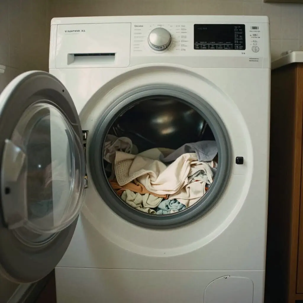 Sèche-linge ouvert dans une buanderie moderne avec du linge propre et des serviettes sèches à l’intérieur pour réduire le temps de séchage