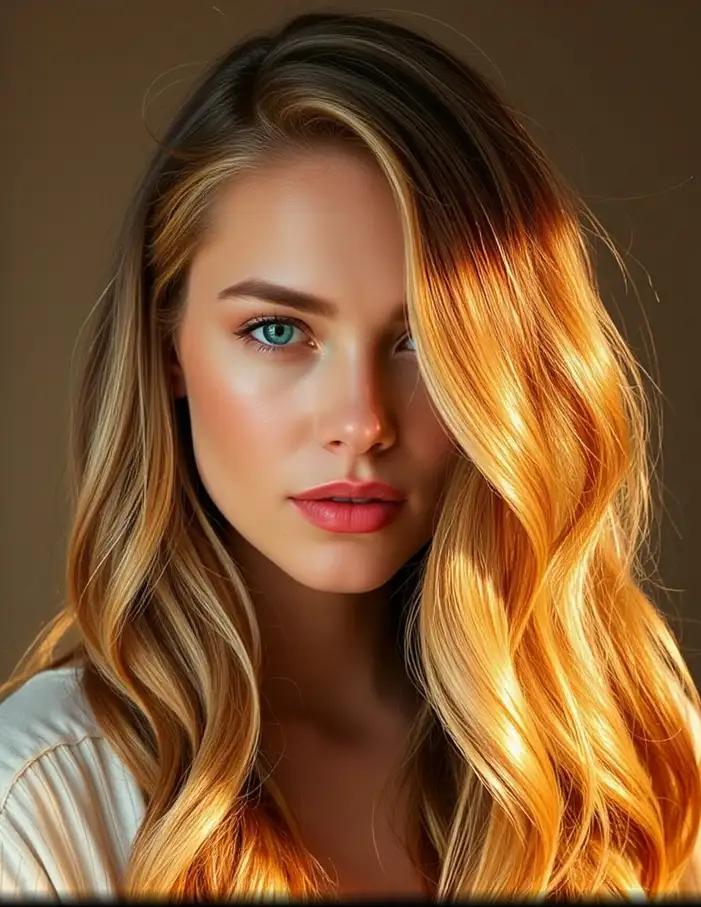 Femme aux cheveux longs ondulés avec balayage miel lumineux, reflets dorés naturels, peau claire et lumineuse