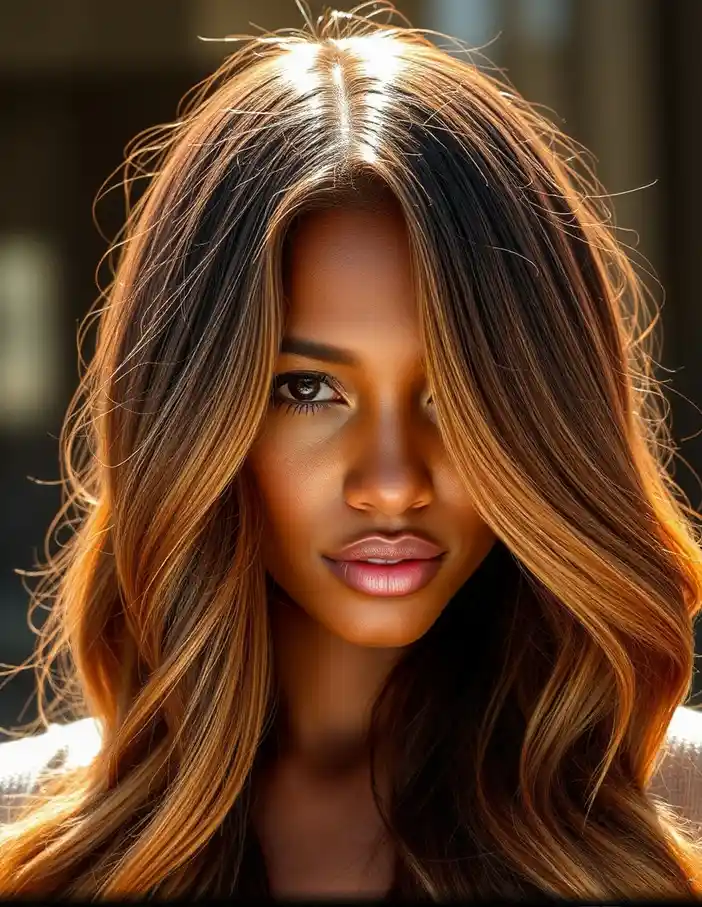 Femme aux cheveux longs ondulés avec balayage caramel profond, reflets cuivrés intenses, peau foncée lumineuse