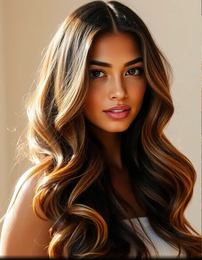 Femme aux cheveux longs ondulés brun foncé avec balayage caramel chaud, reflets doré-cuivré naturels, peau mate olive, yeux marron foncé