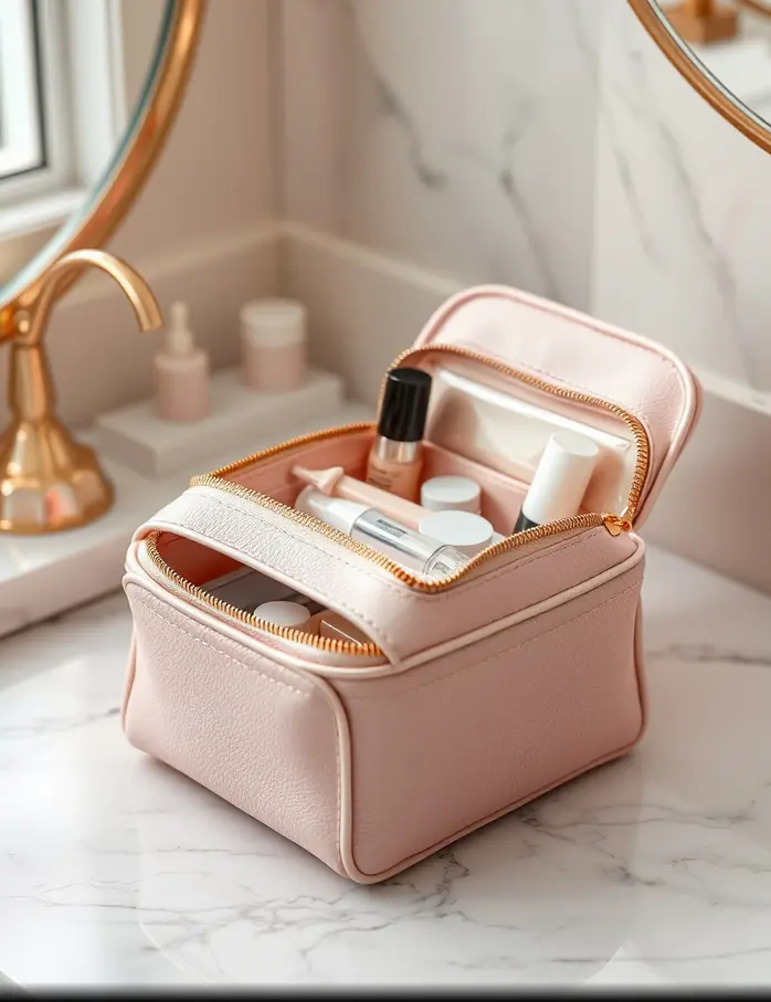 Trousse de toilette luxe femme en cuir rose pastel, élégante et pratique, accessoire de voyage chic et organisé