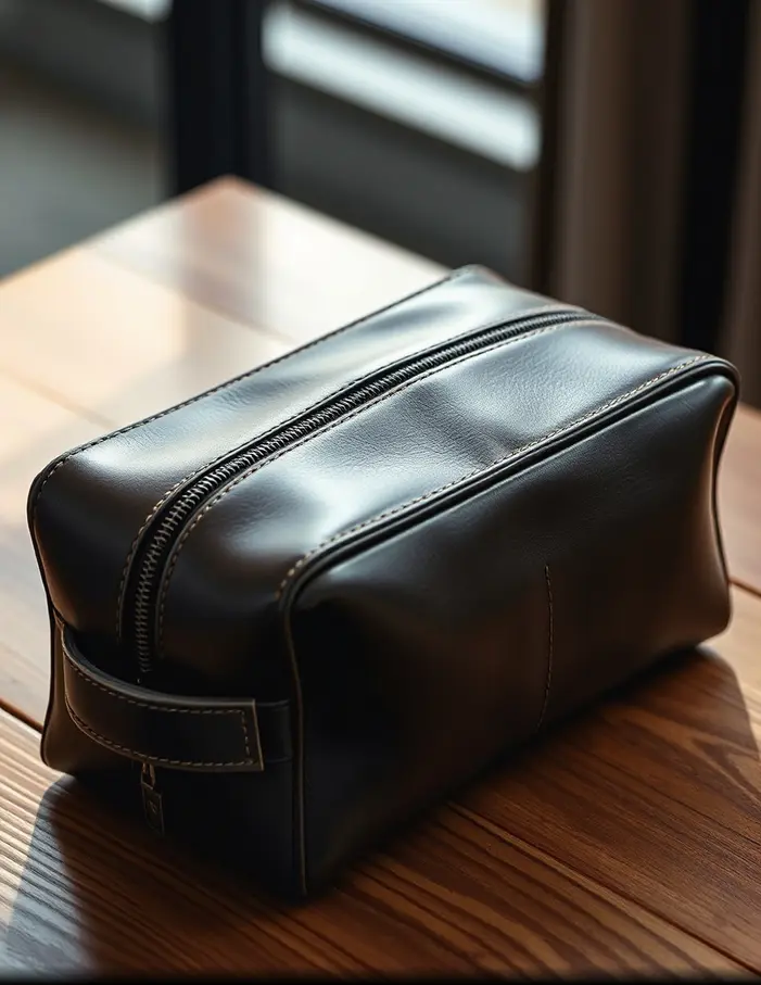 Trousse de toilette homme en cuir marron, élégante et robuste, accessoire de voyage pratique et haut de gamme