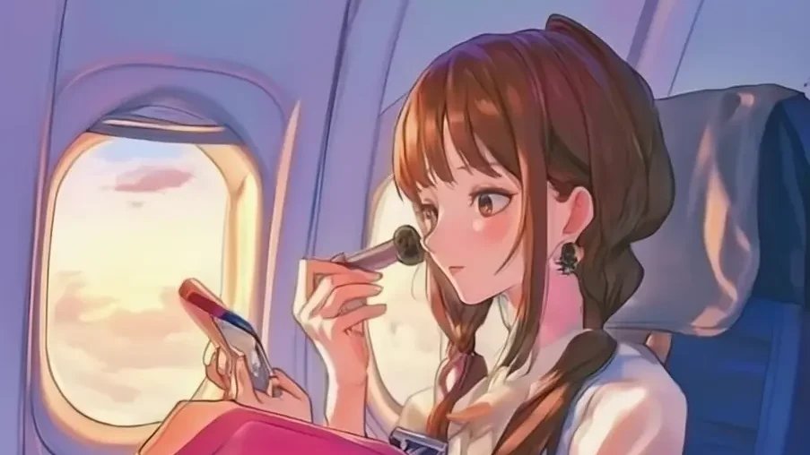 Illustration manga d'une grande trousse de toilette femme grand format, une femme se maquillant au hublot d'un avion, vue depuis l'extérieur, élégante et organisée