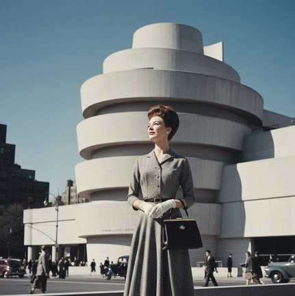 femme avec une voiffure annee 50 devant un building architectural