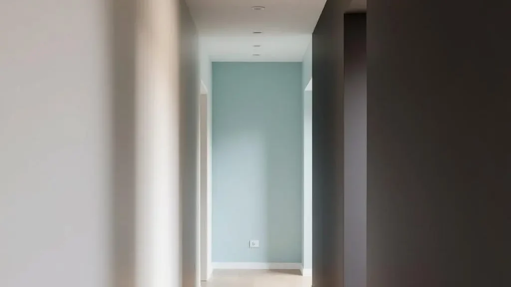 Couloir étroit avec différentes options de peinture claire et pastel pour agrandir visuellement l'espace et illuminer le couloir
