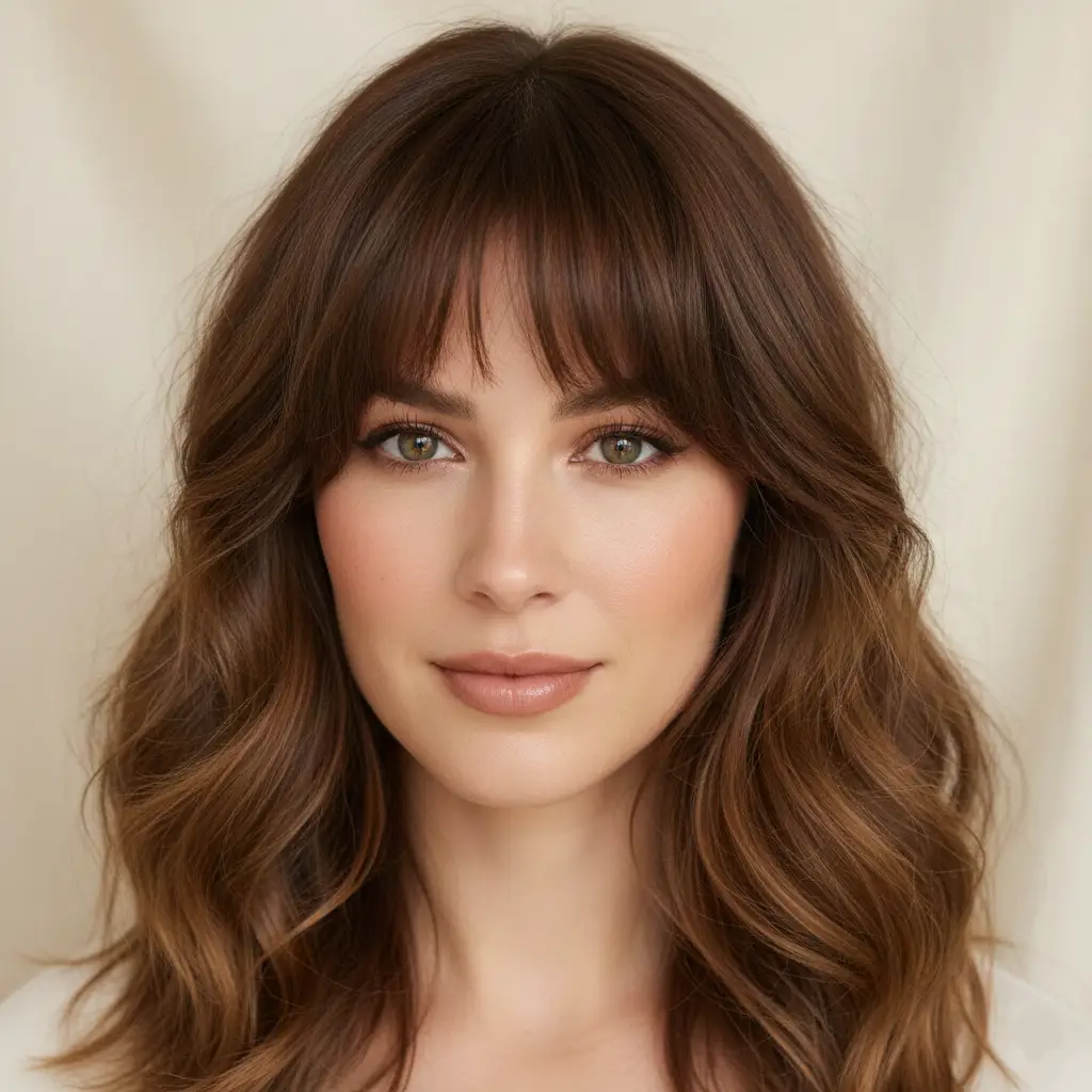 Femme avec frange rideau volumineuse, cheveux mi-longs ondulés, coiffure pleine de volume, maquillage naturel