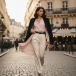 femme qui marche dans la rue, remontant son pantalon discretement