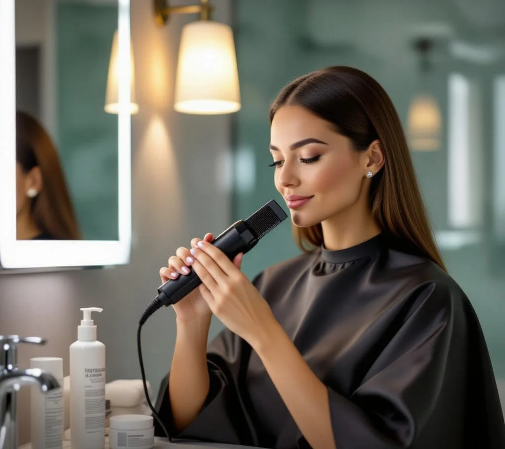 Femme appliquant un kit de rebonding ou lissage permanent à la maison, cheveux sectionnés, avec produits capillaires pour un lissage cheveux permanent sûr et réussi