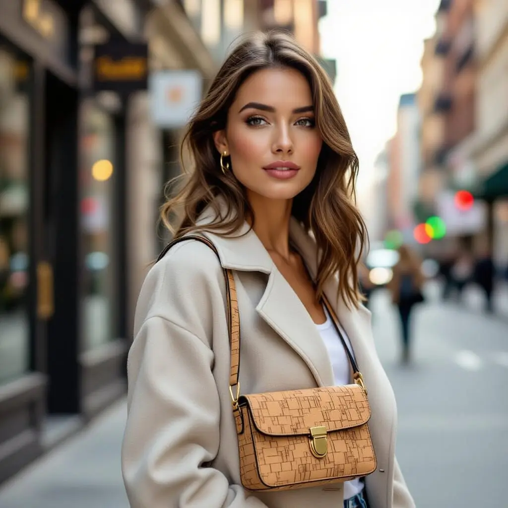 femme portant un sac bandouliere en liege élégant sur l’épaule, tenue casual chic, accessoire éco-responsable et moderne, texture naturelle du liège mise en valeur