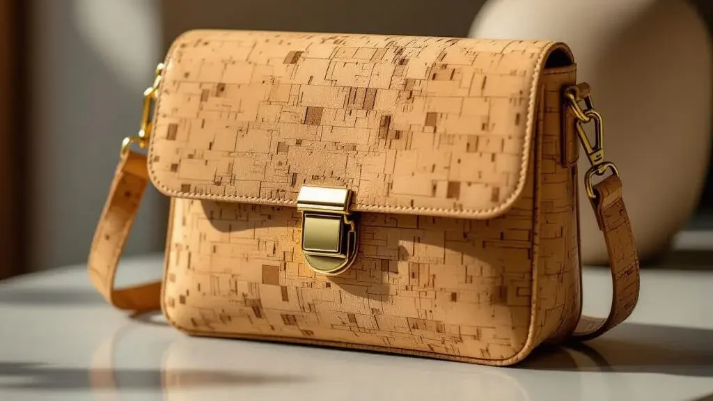 sac bandoulière en liège pour femme, matériau naturel, posé sur fond urbain minimaliste, éclairage doux mettant en valeur la texture du liège, style casual chic, accessoire éco-responsable et moderne