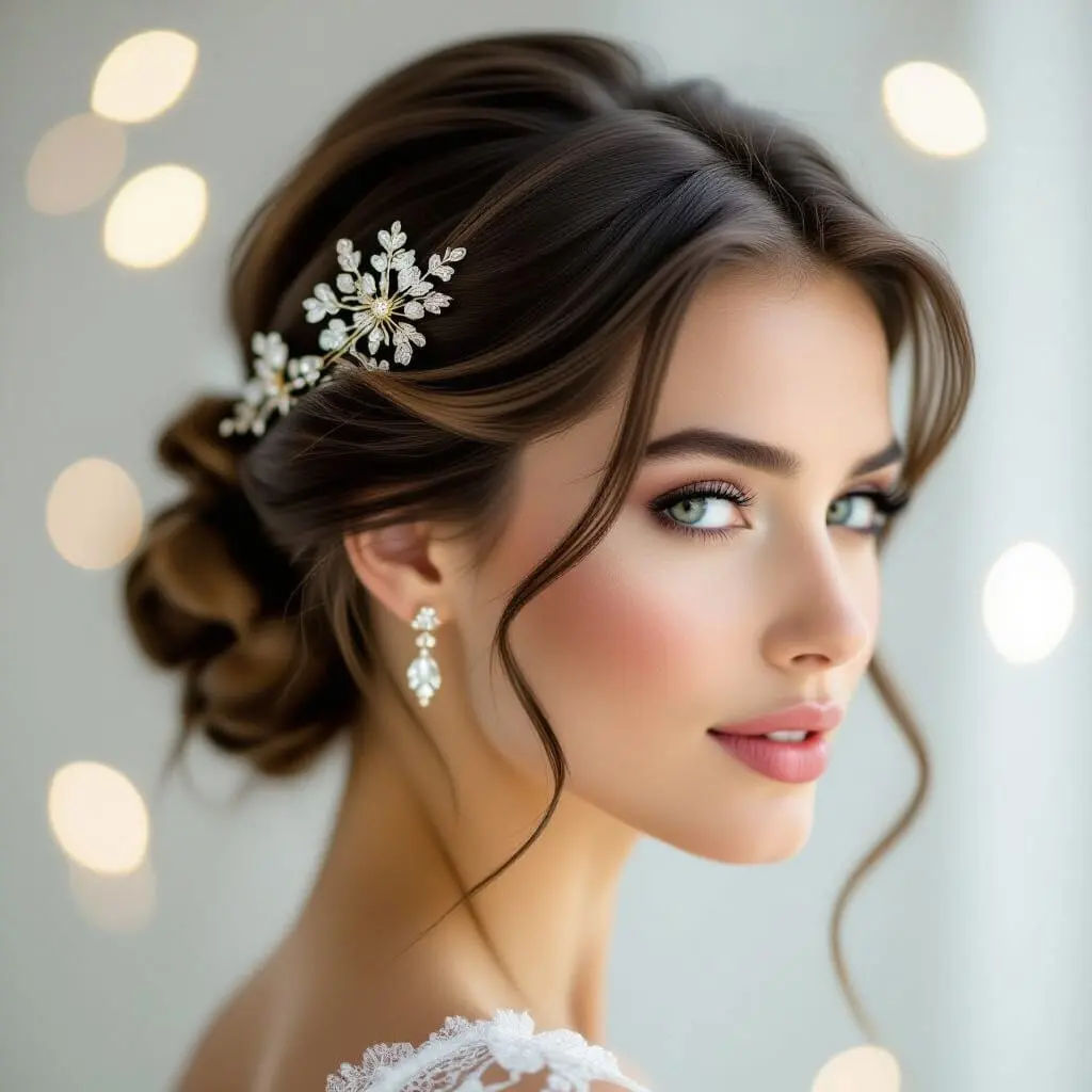 Femme avec coiffure élégante portant de petites barrettes et un ruban fin assorti à sa tenue, mettant en valeur une boucle de cheveux et un reflet subtil.