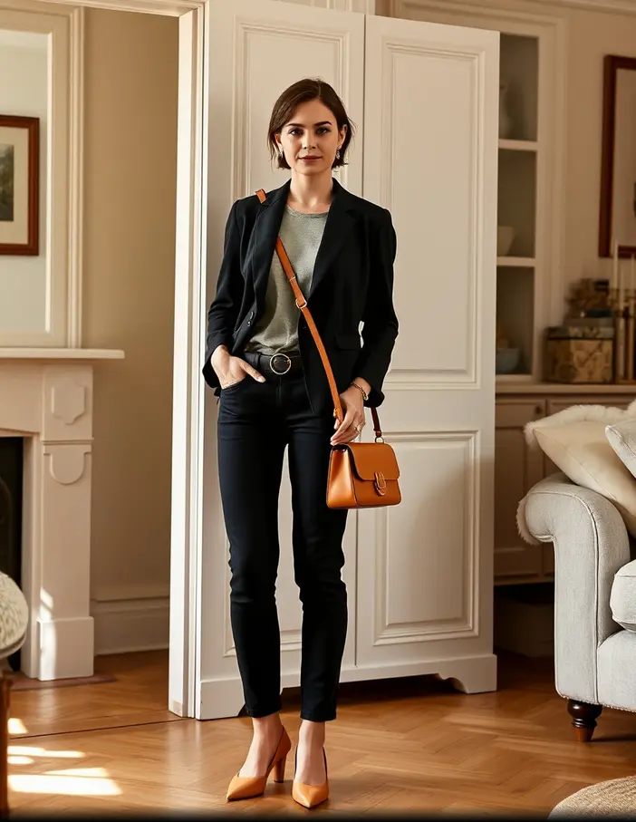 Femme petite portant des accessoires fins pour allonger sa silhouette : ceinture, sac proportionné, bijoux subtils et chaussures à bout pointu