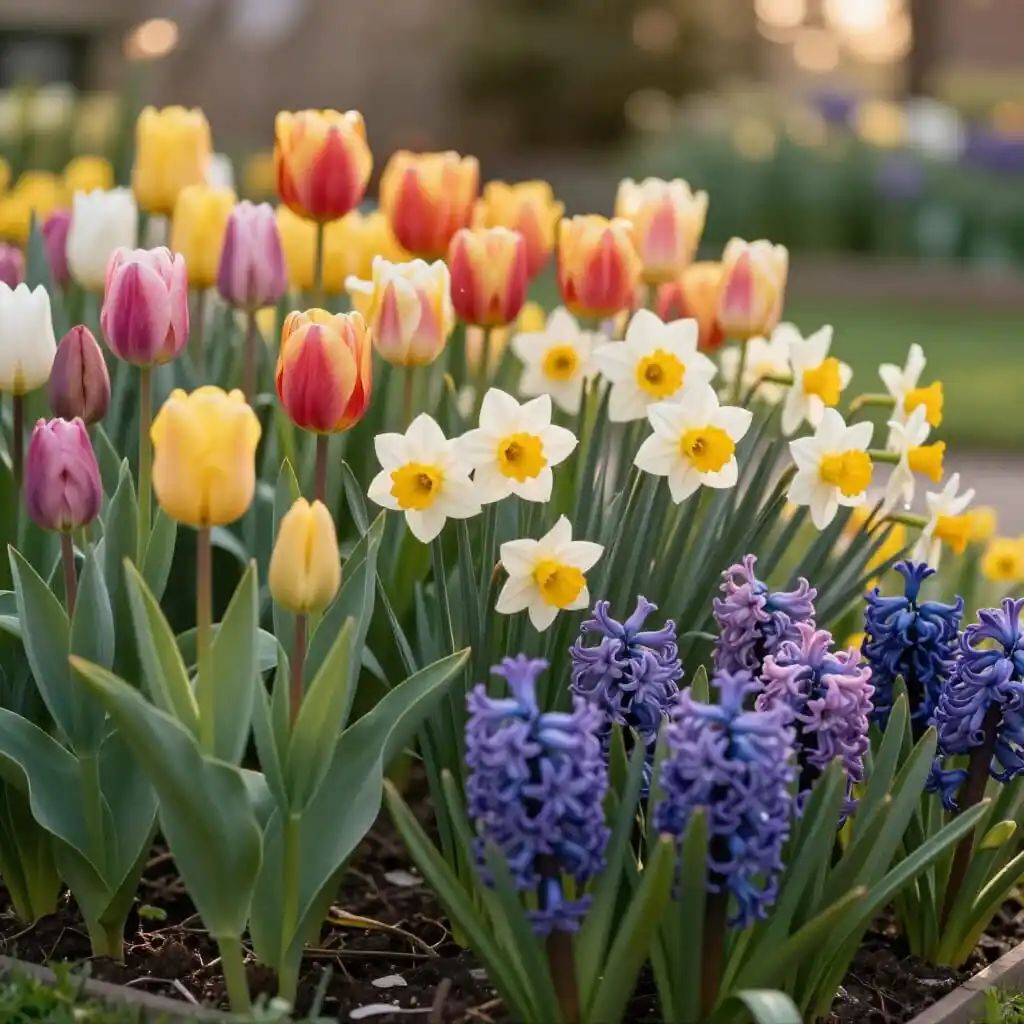Massif printanier harmonieux avec tulipes, jonquilles, narcisses et jacinthes