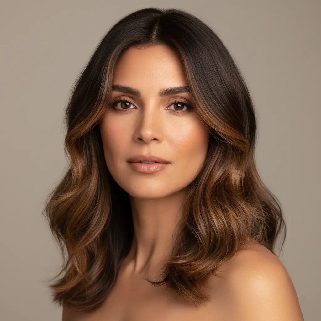 Balayage caramel lumineux femme selon la morphologie du visage, teint mate, style moderne et chic