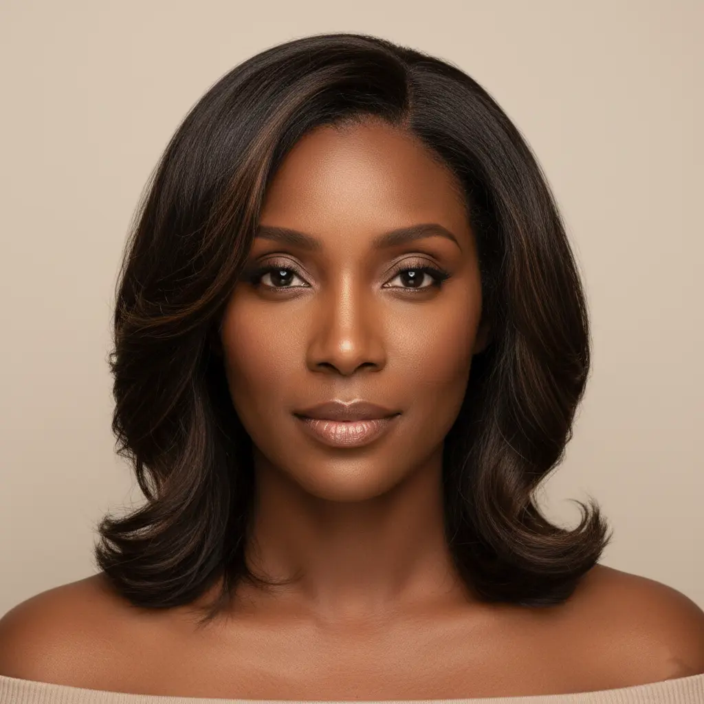 Balayage chocolat ou miel foncé femme selon la forme du visage, teint foncé, coiffure naturelle et élégante