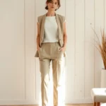 Femme petite portant une tenue élégante et flatteuse avec pantalon taille haute et veste courte dans un intérieur lumineux