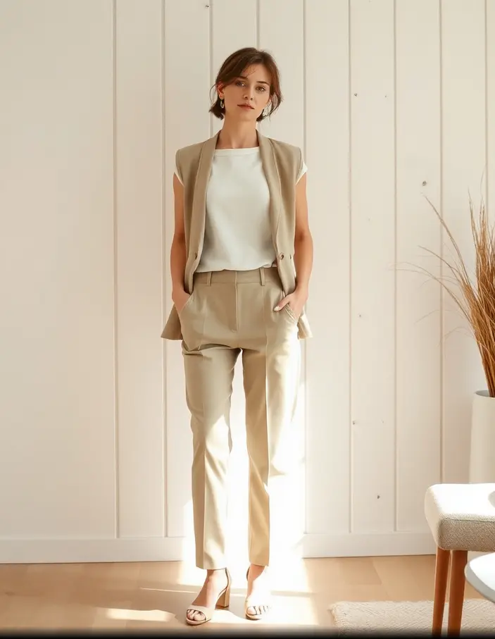 Femme petite portant une tenue élégante et flatteuse avec pantalon taille haute et veste courte dans un intérieur lumineux