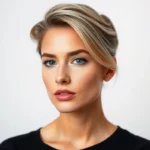 Femme moderne avec coupe courte et balayage subtil, visage visible, style magazine de beauté, éclairage doux et élégant