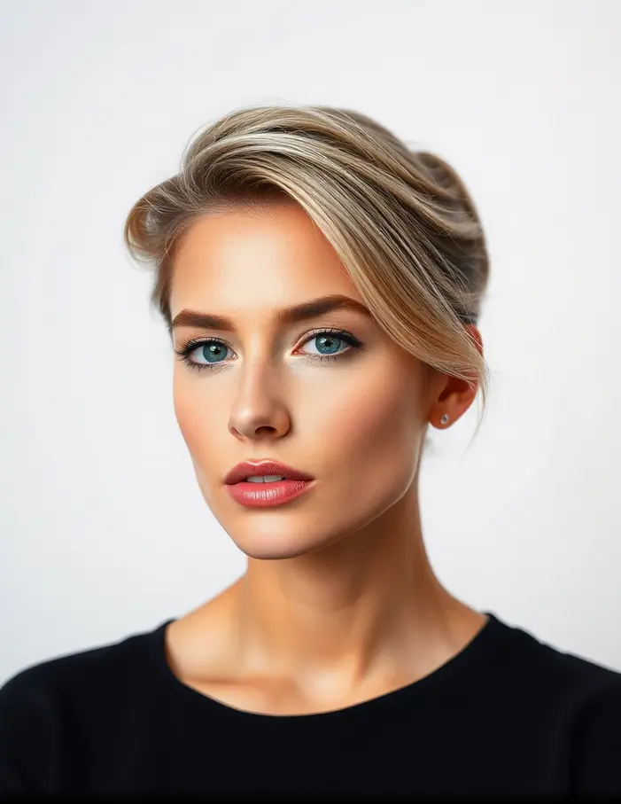 Femme moderne avec coupe courte et balayage subtil, visage visible, style magazine de beauté, éclairage doux et élégant