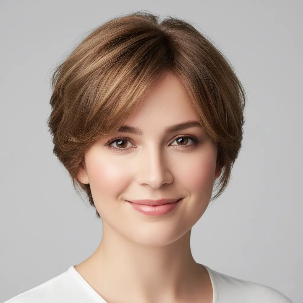 Coupe courte femme pour visage rond : dégradé léger et frange rideau, style moderne et élégant