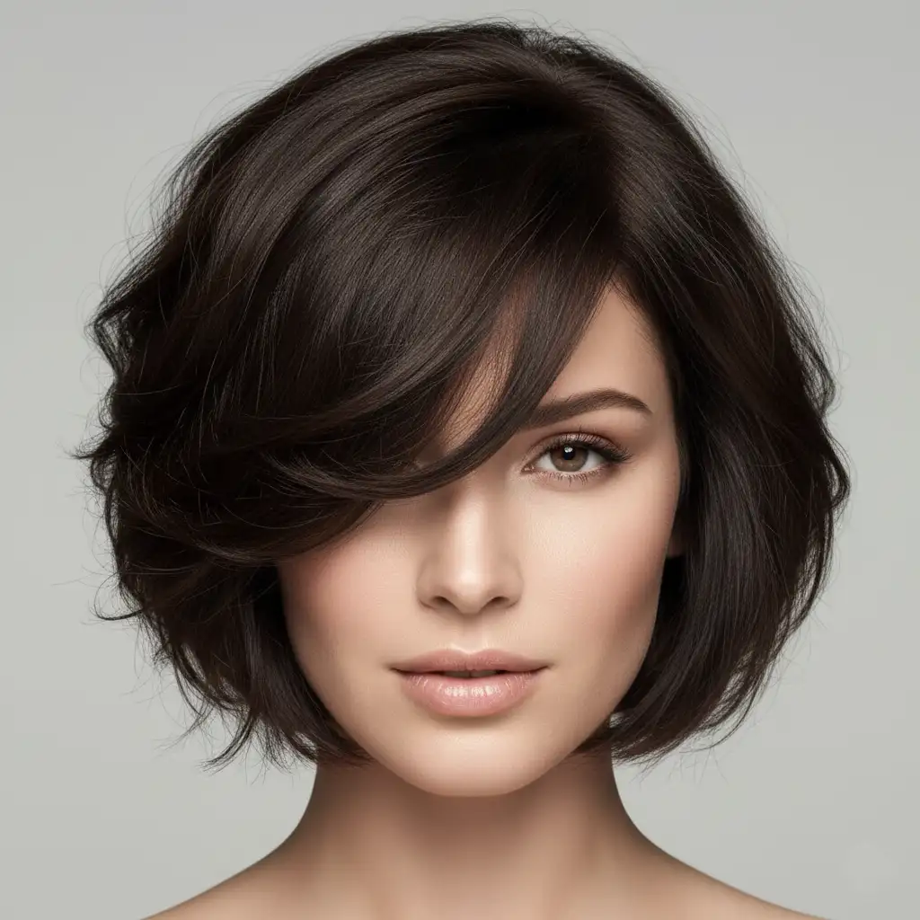 Coupe courte femme pour visage carré : dégradé avec frange effilée asymétrique, coiffure élégante et moderne