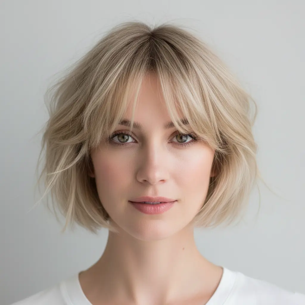 Coupe courte femme pour visage allongé : coupe floue avec frange rideau et volume sur les côtés