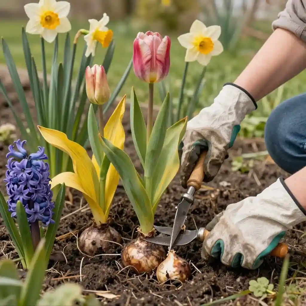 Entretien des bulbes de tulipes, jonquilles et jacinthes après floraison avec feuillage laissé jaunir pour favoriser la prochaine floraison