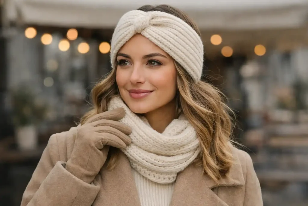 Femme portant un bandeau d'hiver élégant