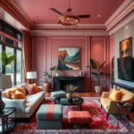 Salon maximaliste avec couleurs vives, motifs éclectiques et décoration chaleureuse