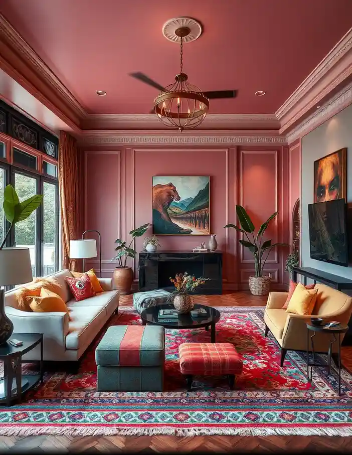 Salon maximaliste avec couleurs vives, motifs éclectiques et décoration chaleureuse
