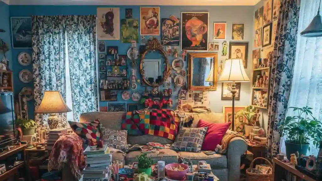 Salon maximaliste avec accumulation excessive d’objets, motifs et couleurs mal coordonnés illustrant les erreurs de décoration à éviter
