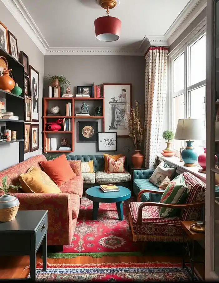 Petit appartement décoré dans un style maximaliste avec couleurs vives, meubles éclectiques, objets décoratifs et textiles superposés, espace harmonieux et organisé