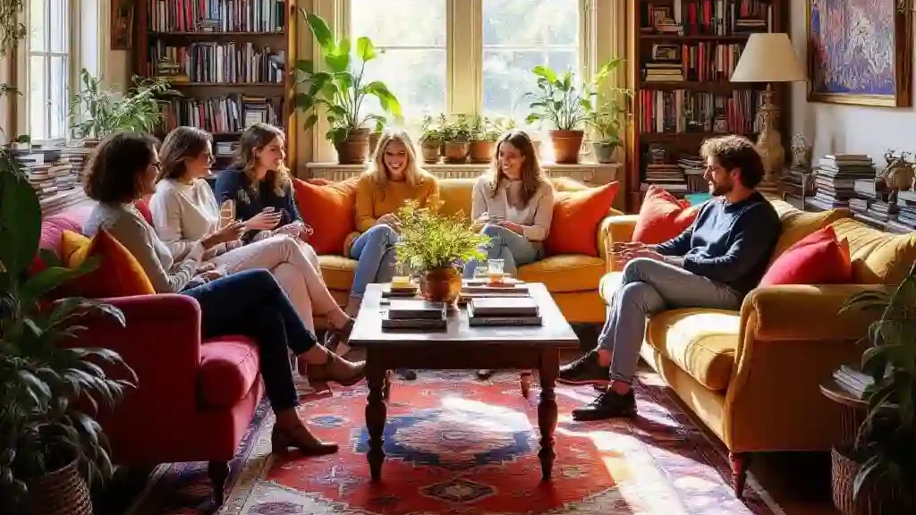 Personnes dans un salon maximaliste coloré et éclectique, reflétant créativité, personnalité et style de vie chaleureux