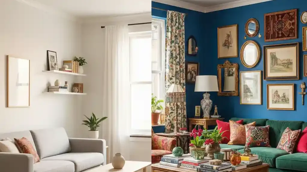 Comparaison entre salon minimaliste avec couleurs neutres et lignes épurées et salon maximaliste avec couleurs vives, motifs et objets décoratifs éclectiques