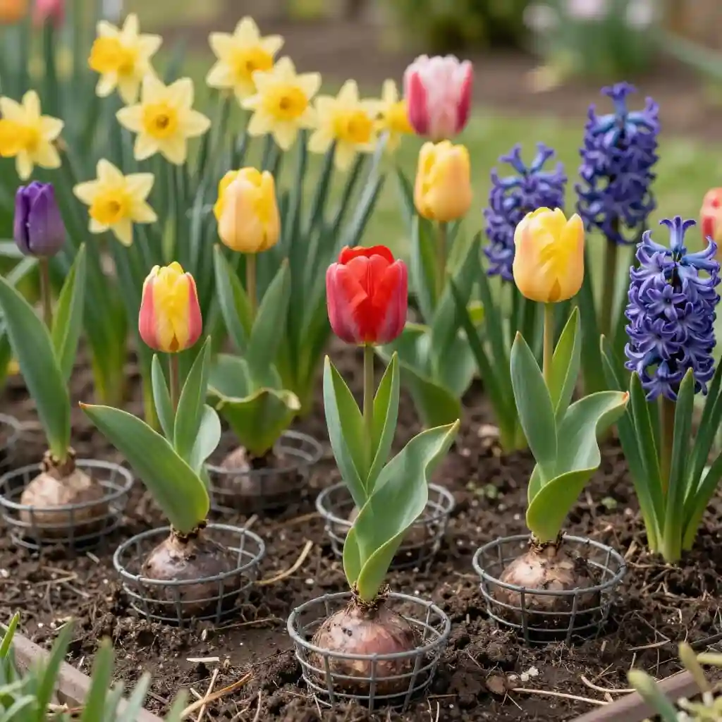 Bulbes de tulipes, jonquilles et jacinthes protégés des rongeurs et maladies dans un jardin bien drainé