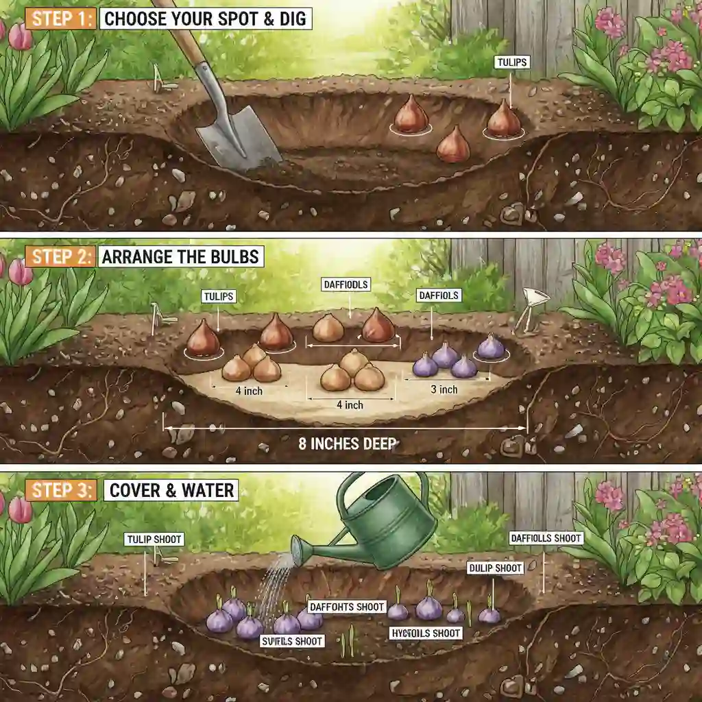 Schéma explicatif de la profondeur et de l’espacement des bulbes de tulipes, jonquilles, narcisses et jacinthes