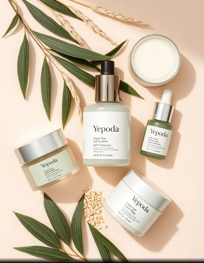 Produits de soins coréens Yepoda disposés sur un fond clair, illustrant notre avis 2025 et test complet de la routine skincare coréenne