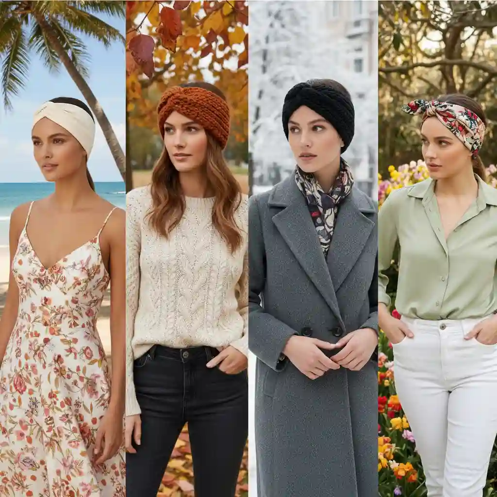 Quatre femmes portant des bandeaux adaptés aux saisons, illustrant un accessoire mode polyvalent et élégant toute l’année.