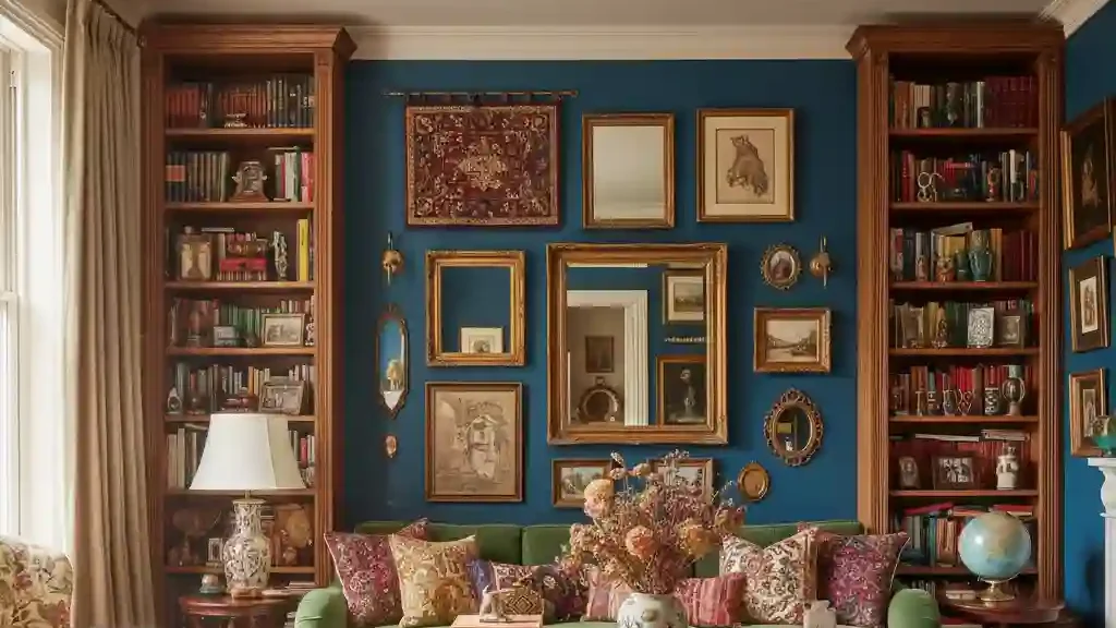 Intérieur maximaliste avec accumulation harmonieuse de livres, vases, objets décoratifs et œuvres d’art, couleurs vibrantes et textures variées