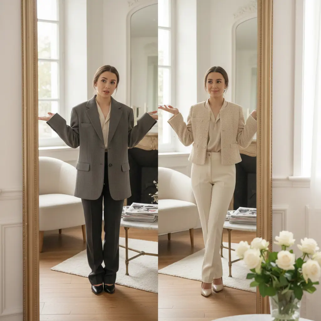 Femme petite comparant une tenue mal ajustée et une tenue adaptée pour comprendre l’importance des proportions