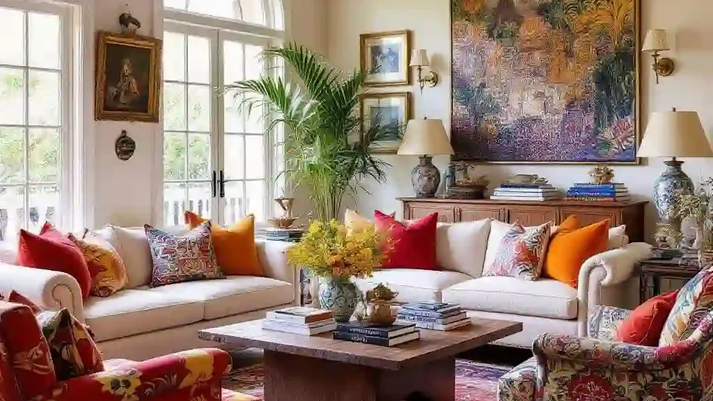 Intérieur maximaliste riche mais organisé avec meubles éclectiques, objets décoratifs et couleurs vibrantes, harmonie et équilibre visuel