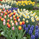 Jardin printanier fleuri avec tulipes, jonquilles, narcisses et jacinthes