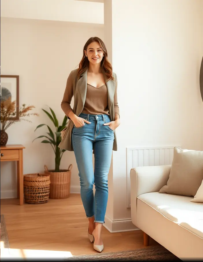 Femme petite portant une tenue casual chic pour le quotidien avec jean taille haute, top ajusté et veste courte cintrée