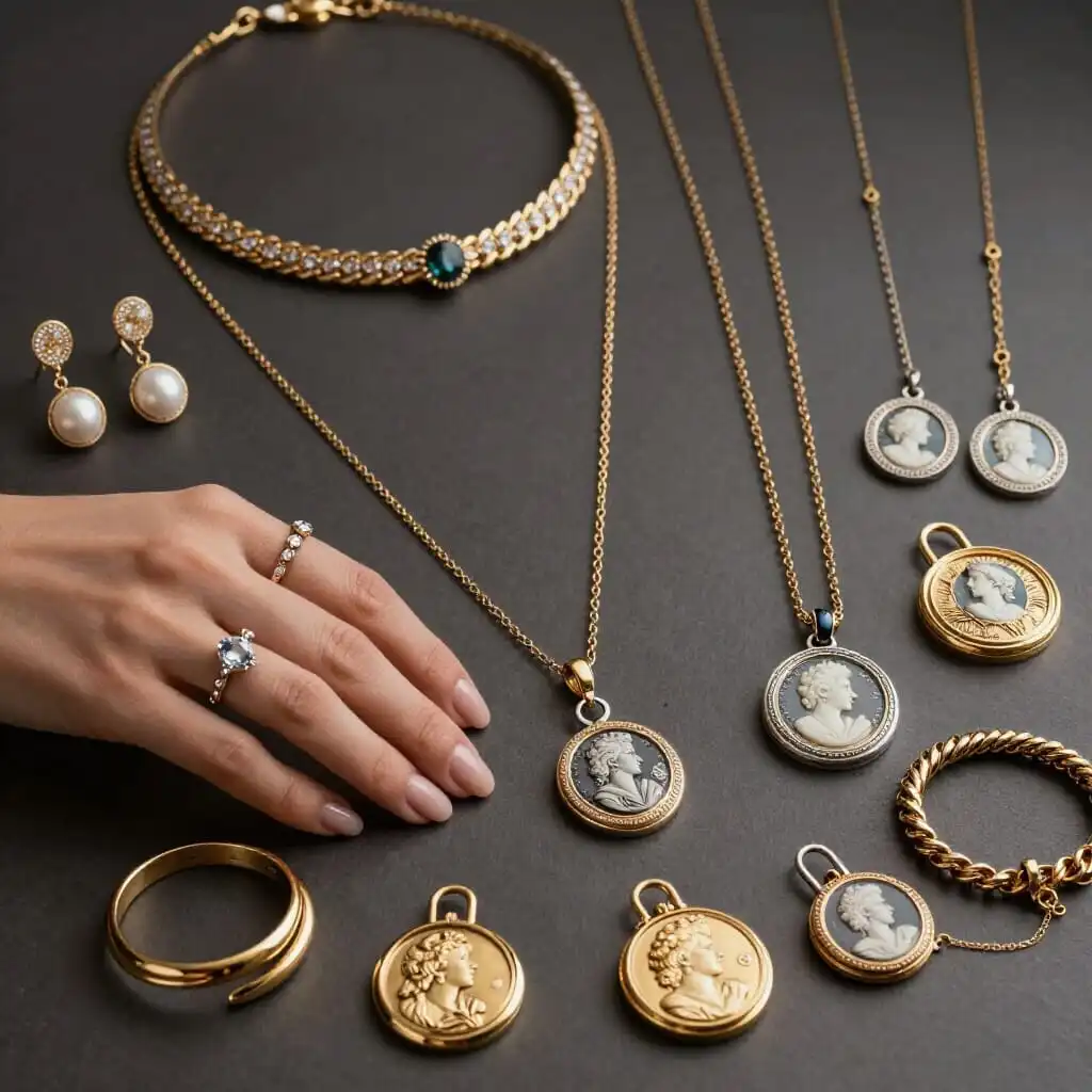 Composition élégante présentant différents types de bijoux : colliers ras-de-cou et sautoirs, médaillons gravés, boucles d’oreilles clous et pendantes, bague de fiançailles, bagues fantaisie et bracelets rigides et souples, illustrant leur diversité et leur signification symbolique.