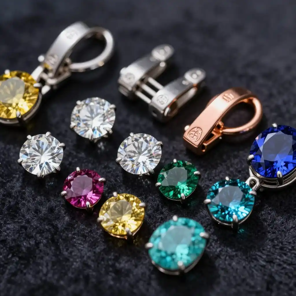 Bijoux de haute qualité en or jaune, or blanc, or rose, argent sterling et platine avec diamants et pierres précieuses, photographiés en gros plan mettant en valeur les finitions, sertissages précis et éclat des matériaux.